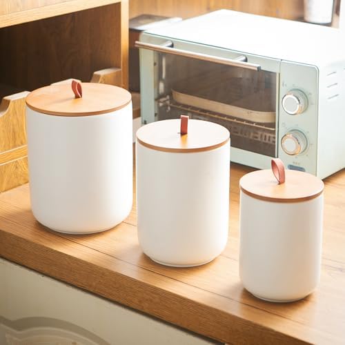 Mowtanco White Ceramic Canister & Jar Set, Airtight Bamboo Lids 3-Piece - Image 6