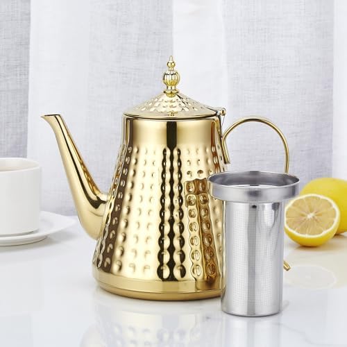 SANQIAHOME 1.6L(54oz) Stainless Steel Hammer Patterned Teapot With Removeable Infuser,Loose leaf cover,Gold - Image 3