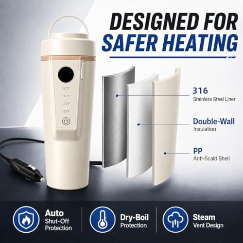 Car Electric Kettle 12V/24V Dual Voltage, Portable Travel Electric Kettle for Road Trips, Mini Small Water Boiler with 4 Temp Control, 316 Stainless Steel,16oz(Beige) - Image 6