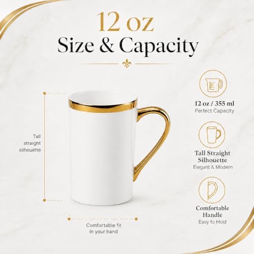 White and Gold Coffee Mugs Set of 6, 12 oz Porcelain - Image 2
