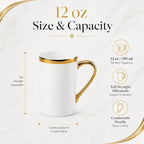 White and Gold Coffee Mugs Set of 6, 12 oz Porcelain - Image 2