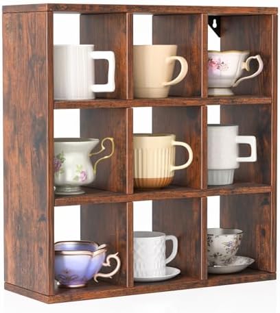 Helsin 9 Grid Vintage Coffee Mug Display Rack, 16inch Wall Mounted Wooden Curio Shadow Box Shelf, Cup Floating Shelves Display and Organizer (Bronze) by Helsin