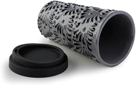 Handcrafted Talavera Ceramic Travel Mug with Silicone Lid, 16 oz, 6.5 Inch Tall, Mexican Embossed Pottery Coffee Tumbler – Artisan Texture & Relief Design (Volcanic Ash) - Image 3