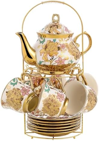 20 Pieces Porcelain Tea Set With Metal Holder, European Ceramic tea set for adults,Flower Tea Set,Tea Set For Women With Flower Painting - Image 2