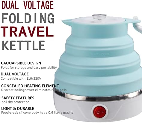 Travel Foldable Electric Kettle, Collapsible Electric Kettle Food Grade Silicone Small Pot Boiling water,Dual Voltage（600ml,110-220V US Plug） (Blue) - Image 3