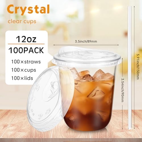 Ziliny 100 Pack 12 Oz Clear Plastic Cups with Lids and Straws, Iced Coffee - Image 3