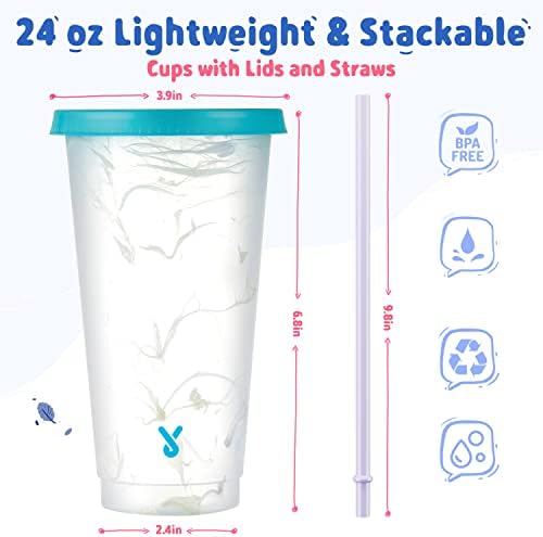 Meoky Color Changing Cold Cups with Lids and Straws - 10 Pack 24 oz Plastic Cute Tumblers Bulk, Reusable for Kids Women Party, Iced Coffee(Swirl) - Image 3