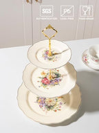 Sweejar 3 Tier Ceramic Cake Stand Wedding, Dessert Cupcake Stand for Tea Party Serving Platter(Flower Style) - Image 2