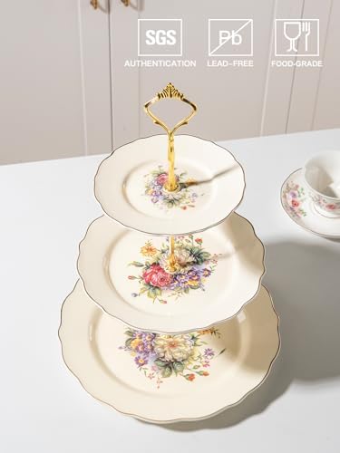 Sweejar 3 Tier Ceramic Cake Stand Wedding, Dessert Cupcake Stand for Tea Party Serving Platter(Flower Style) - Image 2