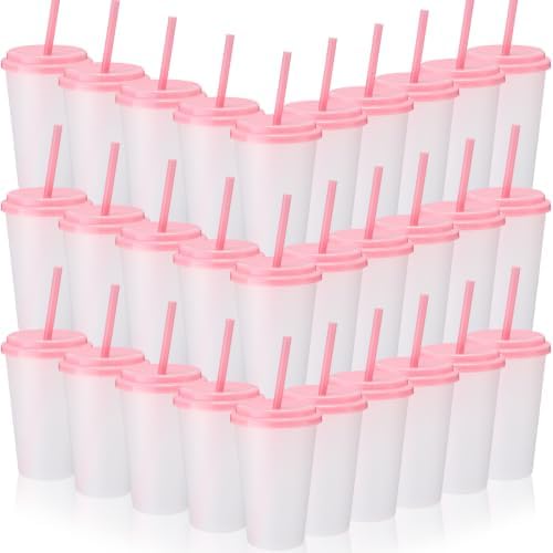Honeydak 30 Pack Reusable Plastic Tumblers with Lids and Straws 12oz Colorful Cold Drink Cups Bulk Travel Mug Leak Proof Party Iced Coffee Cups for Summer Party Birthday Gift (No Glitter,Pink Lid) by Honeydak