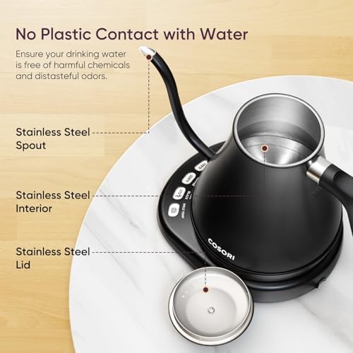 COSORI Electric Gooseneck Kettle with 5 Temperature Control Presets,Pour Over Kettle for Coffee & Tea,Hot Water Boiler,100% Stainless Steel Inner Lid & Bottom,1200W/0.8L,(Pack of 4) - Image 6