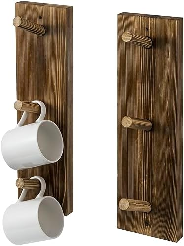 MyGift Wall Mounted Wooden Mug Rack - 3 Hook Rustic Burnt Wood Teacup Mug Storage Organizer, Set of 2 by MyGiftHome