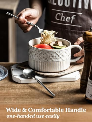 Gomakren Extra Large Soup Bowl with Handle, 39 Ounces Microwave Ramen Bowl & Ceramic Pour Over Coffee Dripper, Single-Hole Cone Brewer, White - Image 2