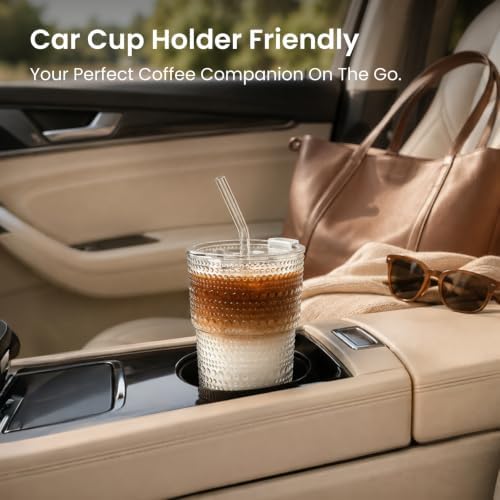 INSETLAN Iced Coffee Cups with Lids and Straws, 13 oz Hobnail Glass Tumbler - Image 6