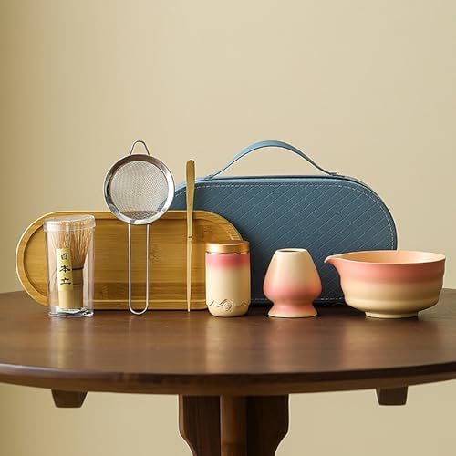7-Piece Travel Matcha Set, Portable Ceremony Kit with Gradient Glaze Bowl, Ceramic Tea Caddy, Bamboo Whisk & Carry Case (Gradient Pink) by Unknown