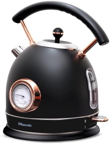 Rasonic Retro Electric Kettle Stainless Steel, 1.8L Tea Water Boiler, 1500W Fast Quiet Boil, Temperature Gauge, Auto Shut-Off, Boil-Dry Protection, Matt Black and Rose Gold by Rasonic
