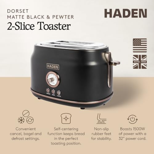 Haden Dorset 2 Slice Wide Slot Stainless Steel Bread Toaster, Black/Pewter - Image 2