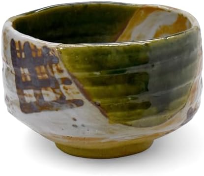Handmade Ceramic Matcha Tea Bowl Authentic Japanese Tea Ceremony Pottery, Mino Ware Made in Japan, Oribe Shino Green by WELLORIGIN