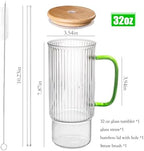 32oz Ribbed Glass Cup with Handle Bamboo Lid and Straw, Glass Tumbler, Iced Coffee Cups Hot/Cold Drinks (Green Handle) - Image 2