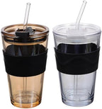 Hemobllo Glass Water Bottle with Straw and Lid 450ml 2pcs, Tea Water Cup Set with Silicone Sleeve, Reusable Beverage Drinking Bottle for Juice and Coffee, Suitable for Home and Travel by Hemobllo