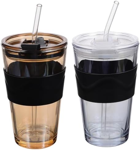 Hemobllo Glass Water Bottle with Straw and Lid 450ml 2pcs, Tea Water Cup Set with Silicone Sleeve, Reusable Beverage Drinking Bottle for Juice and Coffee, Suitable for Home and Travel by Hemobllo