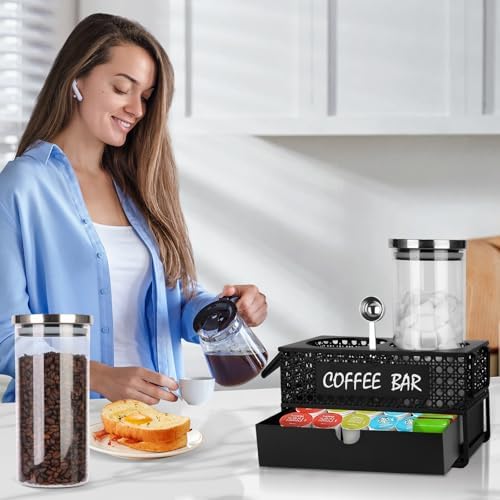 Glass Coffee Container with Shelf, 2x47oz Sugar Coffee Canister for Ground, Coffee Bean Storage Jar with Coffee Scoop for Kitchen Coffee Bar Decor and Accessories -Black - Image 5