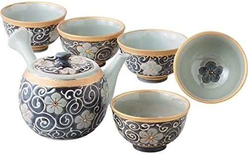 西海陶器(Saikaitoki) Hasami Ware 55547 Teapot Teacup Sencha Set, 6-Piece Set, Arabesque Bellflower Pattern, Made in Japan by Unknown