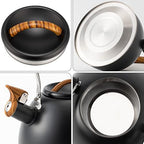 3.2 Quart Whistling Tea Kettle for Stove Top Stainless Steel Tea Pots With Wood Pattern Anti-slip Handle, Black… - Image 5