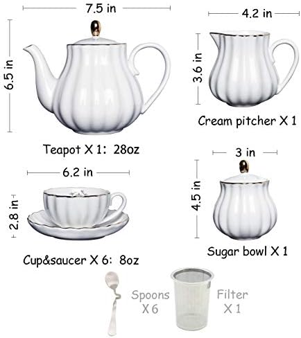 Sweejar Home Porcelain Tea Sets British Royal Series, 8 OZ Cups& Saucer Service for 6，3 Tier Ceramic Cake Stand Wedding, Dessert Cupcake Stand for Tea Party Serving Platter (White) - Image 3