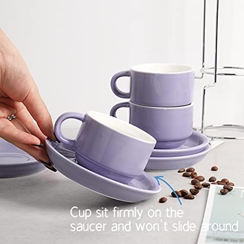 Sweejar Porcelain Espresso Cups with Saucers, 4 Ounce Stackable Cappuccino Cups with Metal Stand for Coffee Drinks, Latte, Tea - Set of 4 (Gray) - Image 4