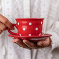 City to Cottage Handmade Red and White Polka Dot Ceramic 8.4oz/250ml | Cappuccino, Coffee, Tea Cup and Saucer, Unique Designer Pottery for Tea Lovers by CitytoCottage