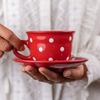 City to Cottage Handmade Red and White Polka Dot Ceramic 8.4oz/250ml | Cappuccino, Coffee, Tea Cup and Saucer, Unique Designer Pottery for Tea Lovers by CitytoCottage
