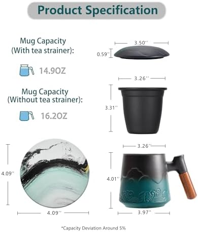 ZENS Tea Mug with Infuser and Lid & Coaster for Tea Steeper, 15oz Green - Image 2