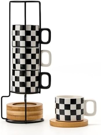 LUKA Ceramic Stackable Black and White Checkered Espresso Cups with Saucers and Metal Stand, 4 Ounce Small Demitasse Cups Set for Coffee Drinks, Latte, Tea - Set of 4 by LUKA