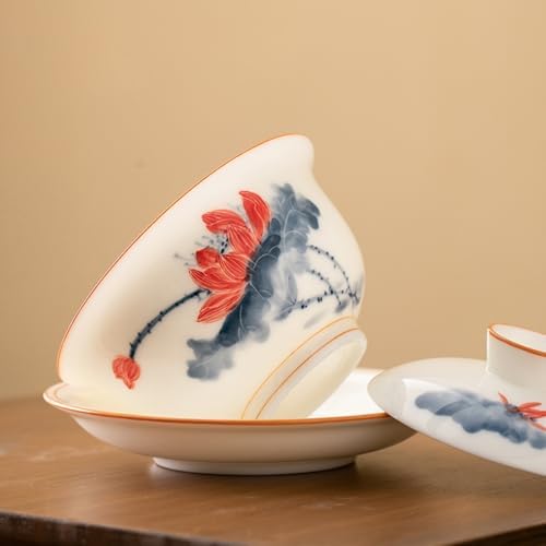 Ceramic Gaiwan Gongfu Tea Set Hand-painted Lotus Tea Cup with Lid Saucer - Image 6