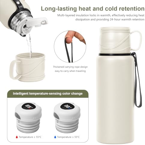 Double wall vacuum Leakproof stainless steel wide mouth insulated water bottle tea tumbler with cup,lid;smart thermoses hot coffee,thermal flask ice drinks with led digital temperature display - Image 4