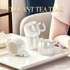 DEARART Luxury Pearl Ceramic Tea Set, 1 Teapot & 6 Cups & Serving Tray & Tea Shelf, Gold Rim Beaded Handle Porcelain Coffee Tea Service Set, Elegant White Tea Cup Set for Home, Afternoon Tea etc. - Image 5