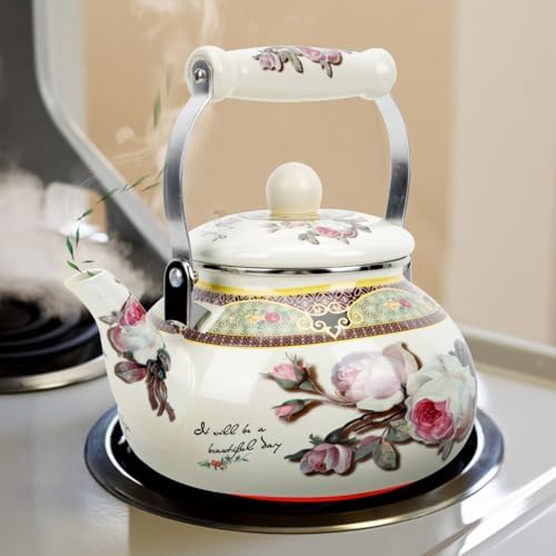 Stove Top Enamel Tea Kettle: Vintage Floral Whistling Tea Pot Farmhouse Water Boiling Pot Household Stove Top Whistling Tea Kettle 2. 5L - Image 4