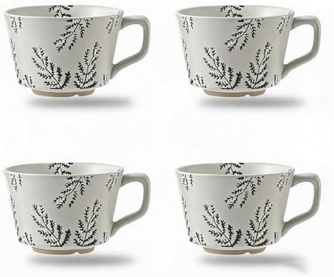 4 Pack Speckled Ceramic Coffee Mugs, 12oz Vintage Green Fern Leaf Large Tea Cups, Rustic Handmade Style Drinking Mugs for Coffee Tea Cocoa Milk, Dishwasher Microwave Safe, Housewarming Gift Set by Tvvtuww