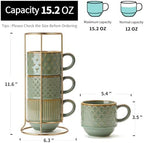 JIEMEI HOME Large Ceramic Coffee Mug Set of 4 with Stand, 15 Oz Stackable Embossment Ribbed Latte Cup Set for Cappuccino, Latte, Tea, Hot Cocoa, Drinks - Dishwasher & Microwave Safe, Vintage Turquoise - Image 2
