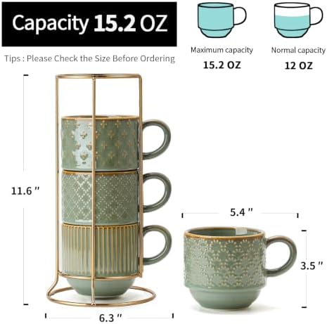 JIEMEI HOME Large Ceramic Coffee Mug Set of 4 with Stand, 15 Oz Stackable Embossment Ribbed Latte Cup Set for Cappuccino, Latte, Tea, Hot Cocoa, Drinks - Dishwasher & Microwave Safe, Vintage Turquoise - Image 2