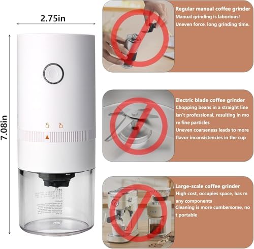 Portable Electric Burr Coffee Grinder Multi Adjustable Settings Rechargeable Coffee Bean Grinder with Conical Ceramic Burr, for Travel, Camping (WHITE) - Image 6