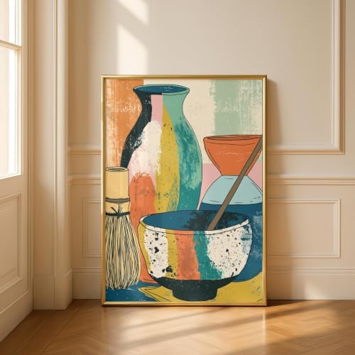 Matcha Tea Set Wall Art, Colorful Abstract Kitchen Print with Bowl, Whisk and Vases, Mid Century Boho Decor - A2 16.5x23.4 in (42x59.4 cm) - Image 5