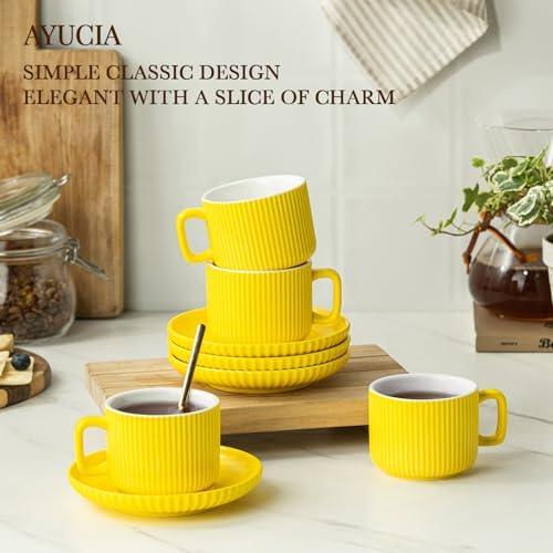 5 Ounce Espresso Cups Set of 4, Small Coffee Cups with Saucers and Spoons, Yellow Ceramic Demitasse Espresso Mugs - Image 2