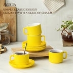 5 Ounce Espresso Cups Set of 4, Small Coffee Cups with Saucers and Spoons, Yellow Ceramic Demitasse Espresso Mugs - Image 2