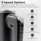 Electric Hand Mixer 350W, 9 Speed Handheld Mixer with Timer, Beaters, Whisks & Dough Hooks, Storage Case, Kitchen Mixer for Baking, Eggs, Cream, Cookie Dough & Frosting, Gray - Image 3