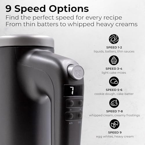 Electric Hand Mixer 350W, 9 Speed Handheld Mixer with Timer, Beaters, Whisks & Dough Hooks, Storage Case, Kitchen Mixer for Baking, Eggs, Cream, Cookie Dough & Frosting, Gray - Image 3