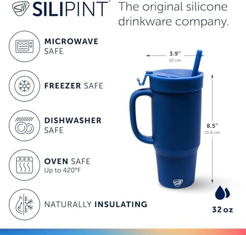 Silipint 32oz Silicone Humbler Tumbler with Handle, Flip Lid and Straw – BPA-Free, Non-Toxic, Unbreakable, Microwave, Dishwasher Safe – Perfect for Tea, Cold Water, Classic Blue - Pack of 2 - Image 3