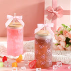 12 Sets 16oz Bow Glass Cups with Bamboo Lids Straws Tumbler,Pink - Image 3