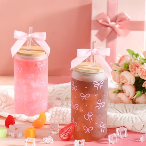 12 Sets 16oz Bow Glass Cups with Bamboo Lids Straws Tumbler,Pink - Image 3